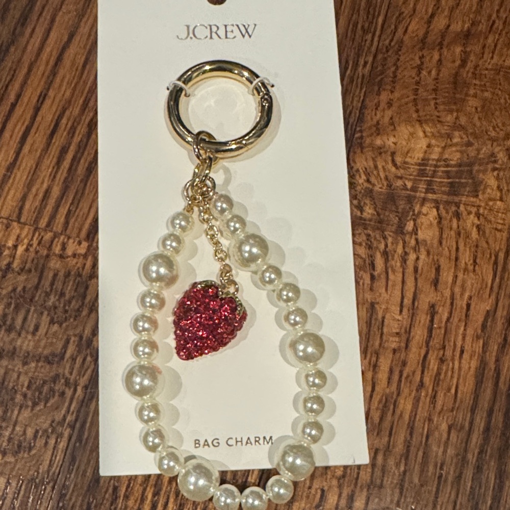 J. Crew NWT Gold, Pearl and Rhinestone Strawberry Bag Charm